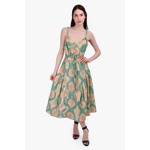 Ulla Johnson Beige/Green Tie Dye Midi Dress Size 12 - Picture 1 of 3